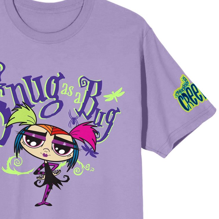 Crawl into comfort with this Growing Up Creepie tee. The shirt features an image of Creepie standing under purple letters that read, "Snug as a Bug," while a green bug appears on the left sleeve. The tee comes in a purple haze short sleeve crew neck. Fans of the Growing Up Creepie animated series will love this comfy cotton t-shirt. Purple Short Sleeve Tops For Fan Merchandise, Casual Purple T-shirt For Fans, Purple Fan Apparel Top With Letter Print, Casual Purple Shirt With Graphic Print, Purple Character Print Top For Streetwear, Fun Purple Short Sleeve Tops, Purple Graphic Print Fan Apparel Tops, Fun Short Sleeve Purple Tops, Purple Letter Print Shirt For Streetwear