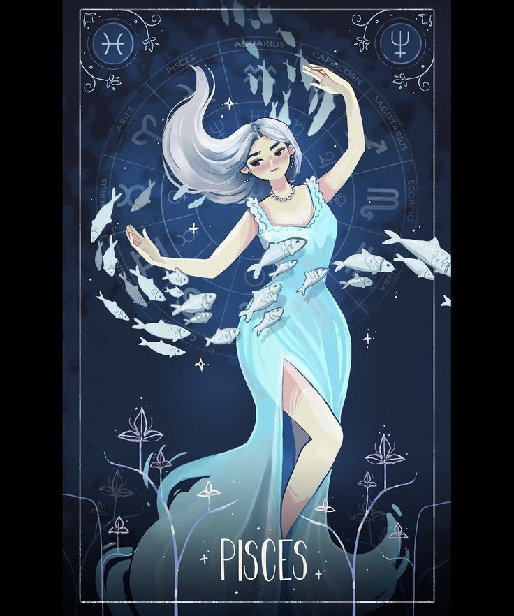 the zodiac sign for pisces with a woman in a blue dress and feathers flying around