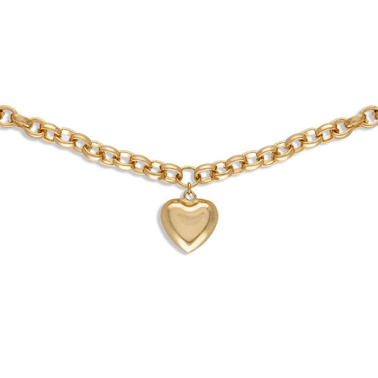 18k gold filled 18" round chain 20mm puffy heart pendant Lobster clasp closure View our size chart for length questions Yellow Gold Heart Necklaces With Gold Chain, Heart Shaped Yellow Gold Necklace With Gold Chain, Classic Gold Heart Necklace For Everyday, Yellow Gold Chain Necklace For Valentine's Day, Valentine's Day Yellow Gold Chain Necklace, Gold Round Charm Necklace With Heart Charm, Yellow Gold Heart Chain Necklace With Lobster Clasp, Gold Heart Necklace With Cable Chain For Valentine's Day, Yellow Gold Heart Pendant Chain Necklace