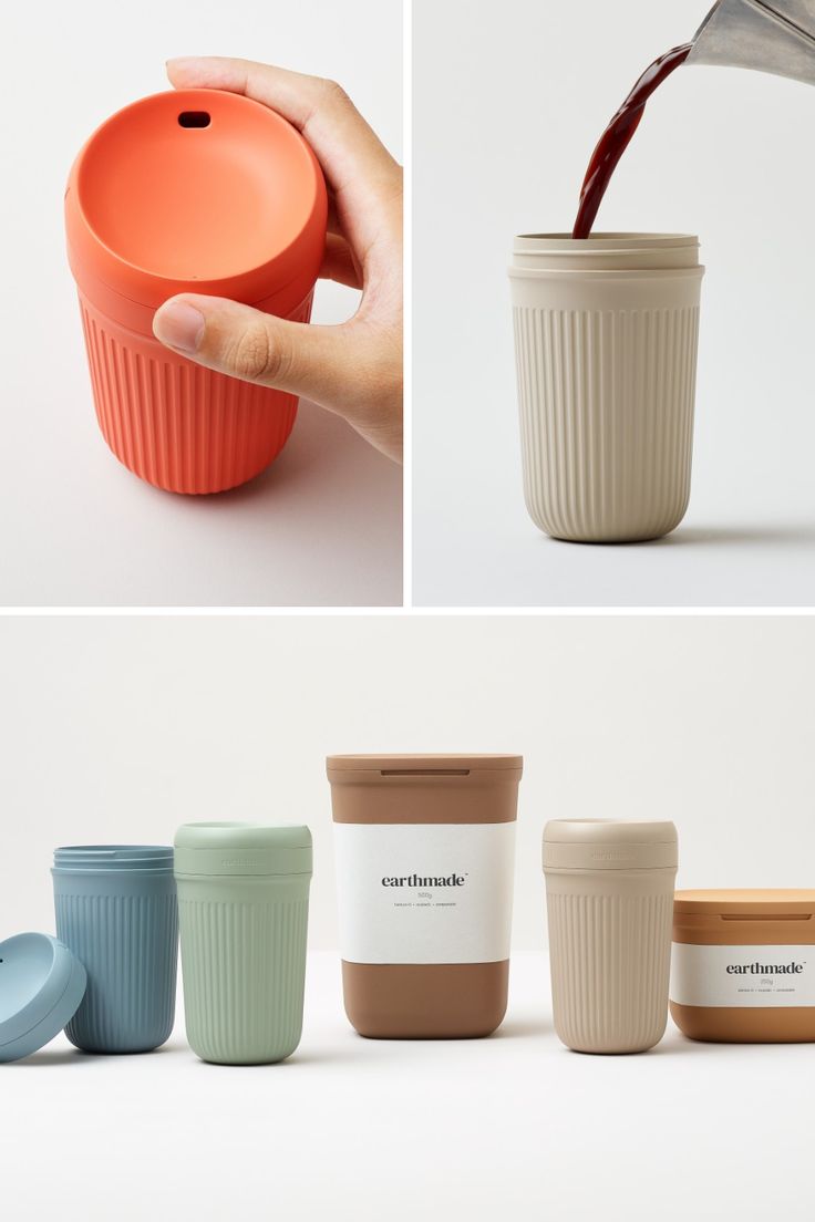 coffee cups with lids and spoons in different colors, one being poured into the cup