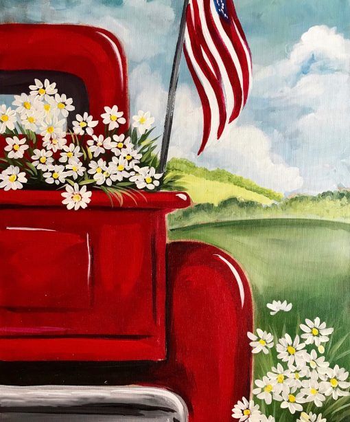 a painting of an old red truck with daisies in the back and american flag on top