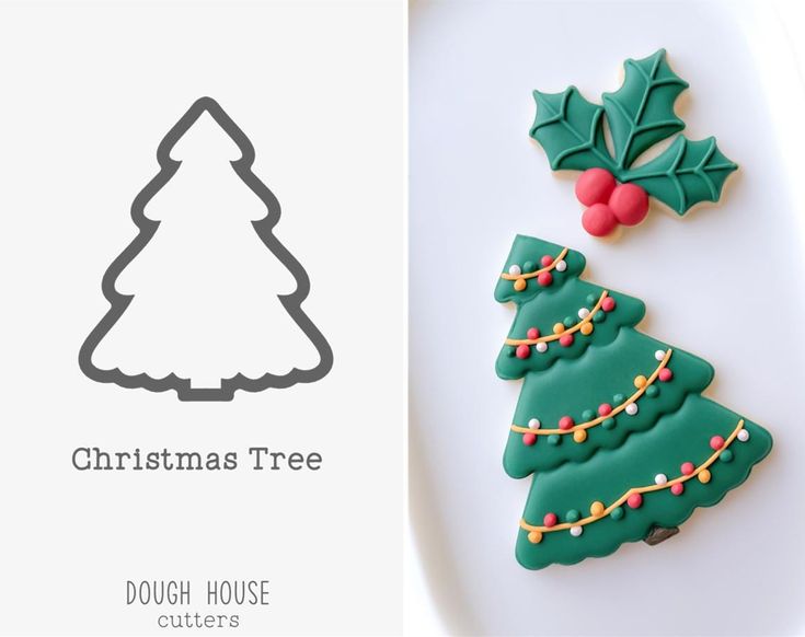 christmas tree cookie cutters on a plate next to a cutout of a holiday tree