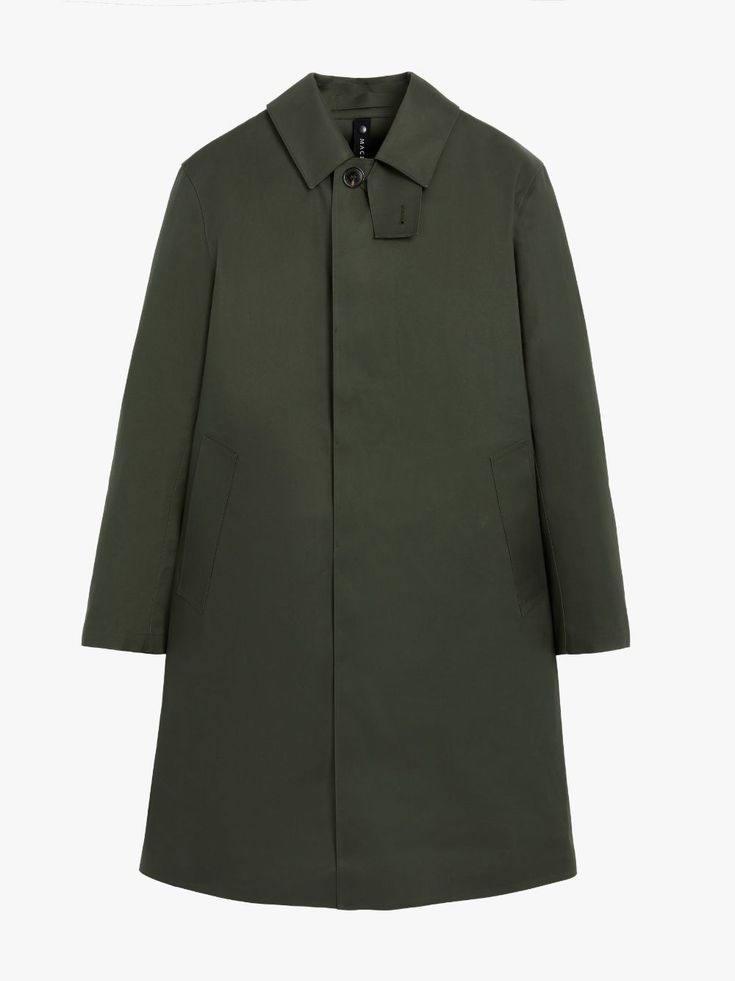 Green cotton CAMBRIDGE single-breasted car coat from MACKINTOSH featuring spread collar, long sleeves, concealed front button fastening, thigh-lenght and rear central vent. Car Coat, Green Coat, Suit Accessories, Green Cotton, Long Coat, Three Quarter, Mens Coats, Black Cotton, Tartan