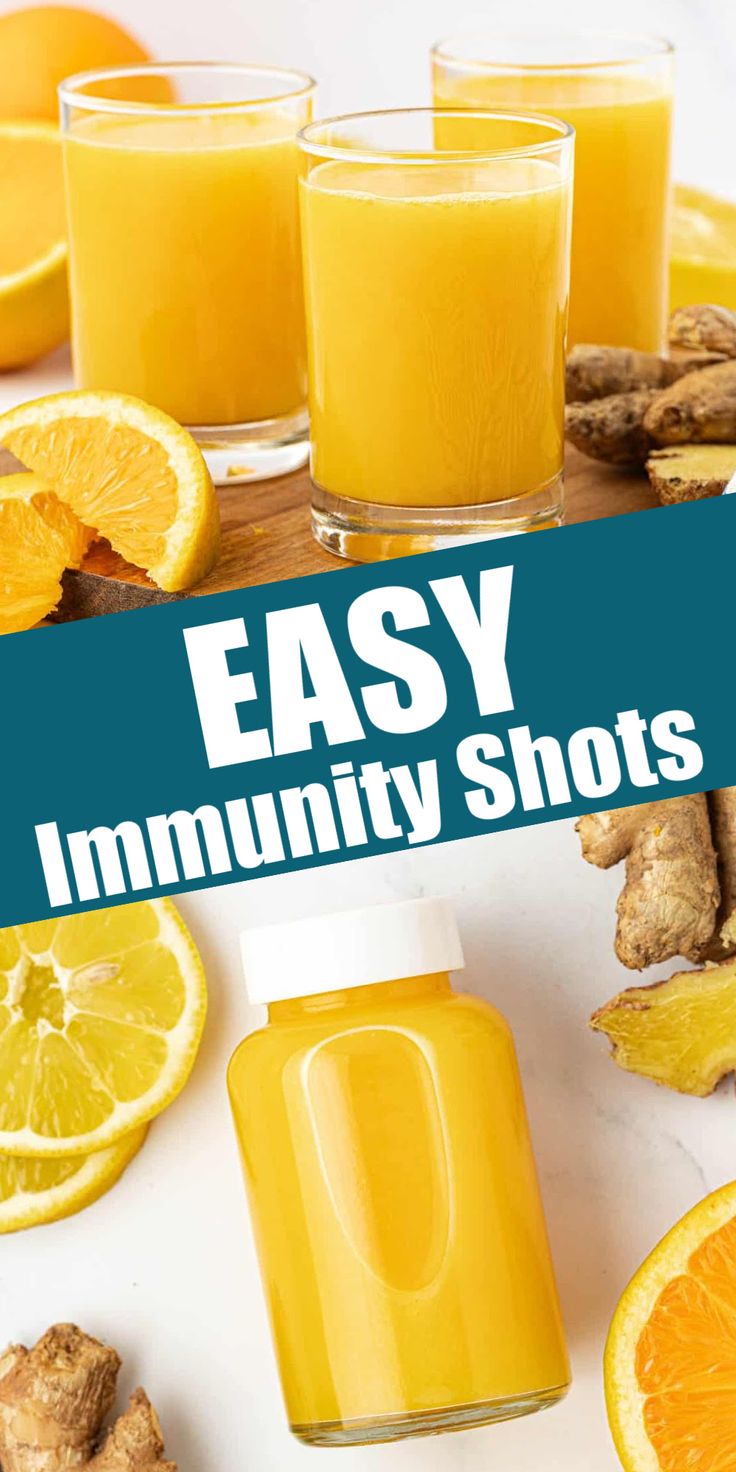 an image of orange juice and lemons with text overlay that reads easy community shots