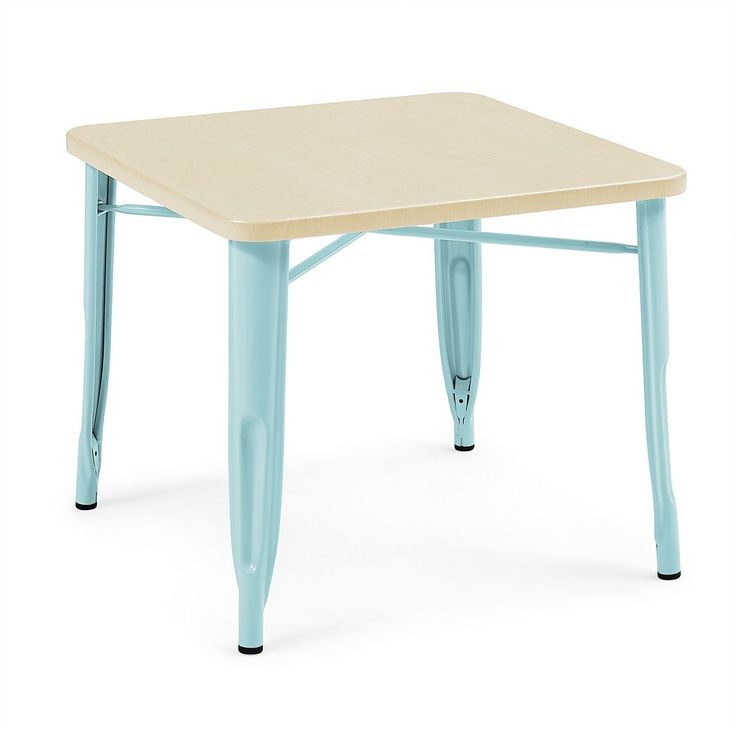 a small wooden table with two legs and a light blue finish on the top, against a white background