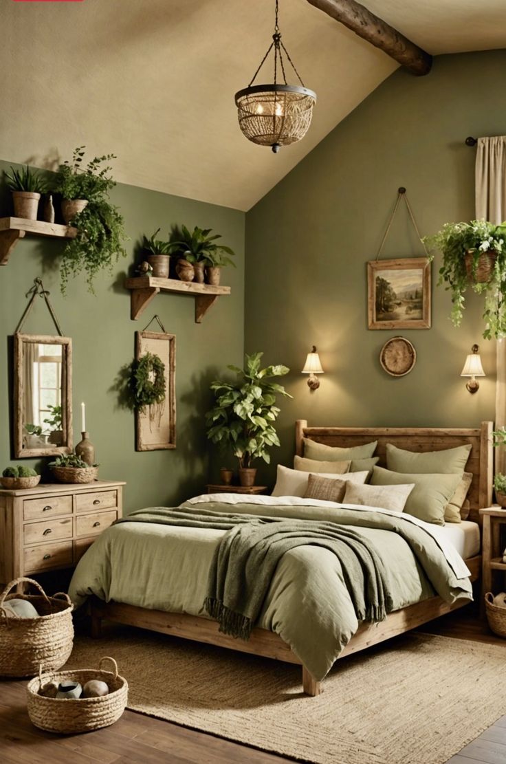 a bedroom with green walls and plants on the wall