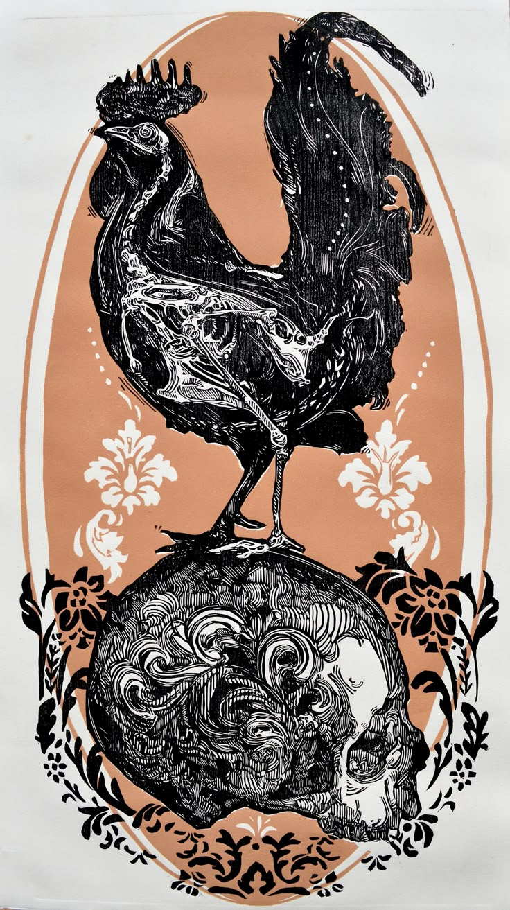 a drawing of a rooster on top of a skull in front of an orange background