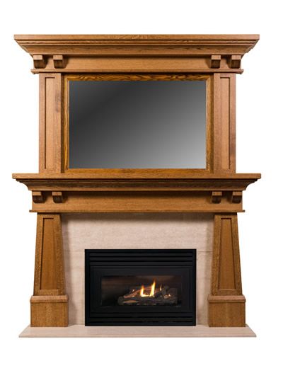 a fireplace with a mirror above it