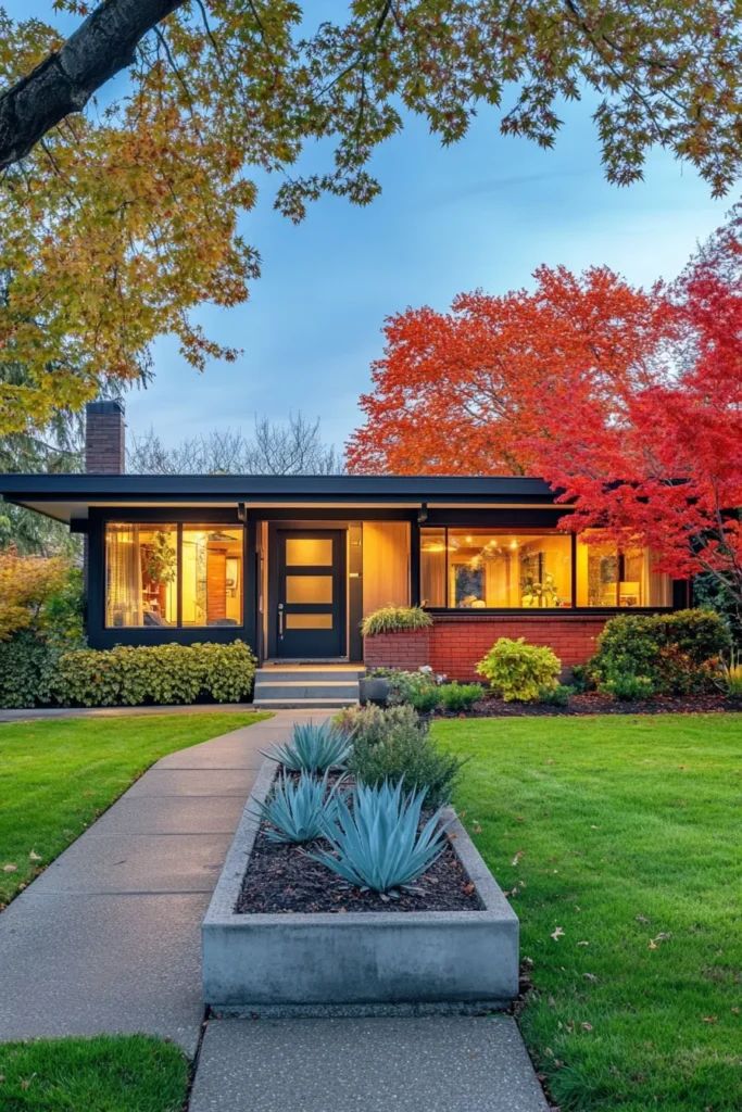 a modern home with landscaping and trees in the front yard at dusk, surrounded by green grass