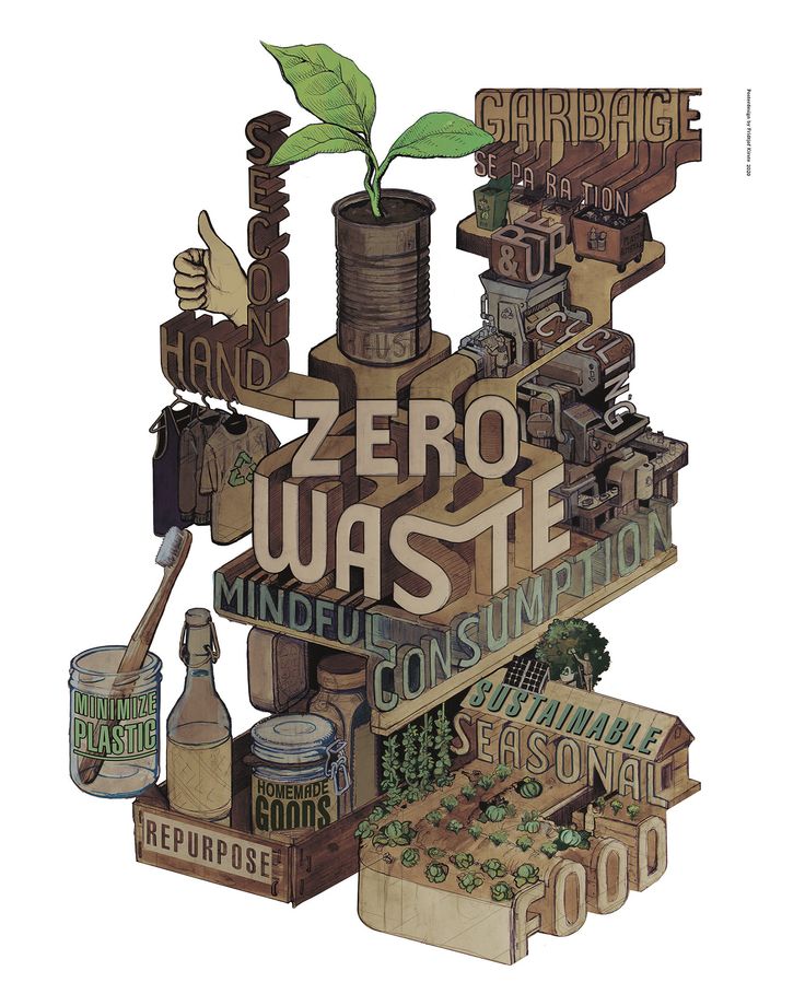 an illustration of a pile of junk with the words zero waste written on it and a plant growing out of top