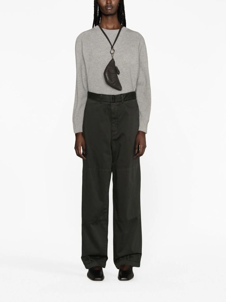 Lemaire belted-waist straight-leg Cotton Trousers - Farfetch 23 Fashion, Fall 23, Brown Trousers, Cotton Trousers, Moss Green, Green Cotton, Fashion Branding, Top Brands, Straight Leg