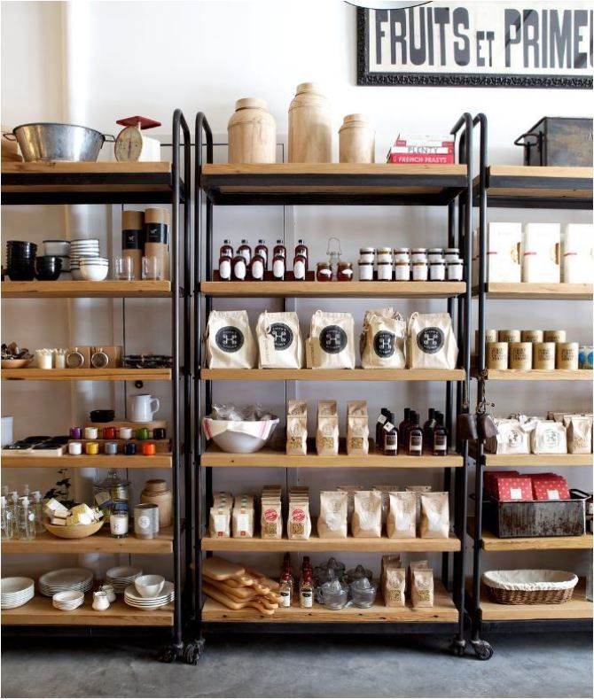 the shelves are filled with different types of food