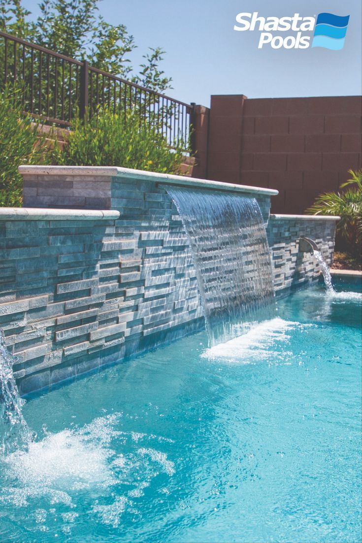 an advertisement for the shasta pools water features waterfalls and stone walls, along with a swimming pool