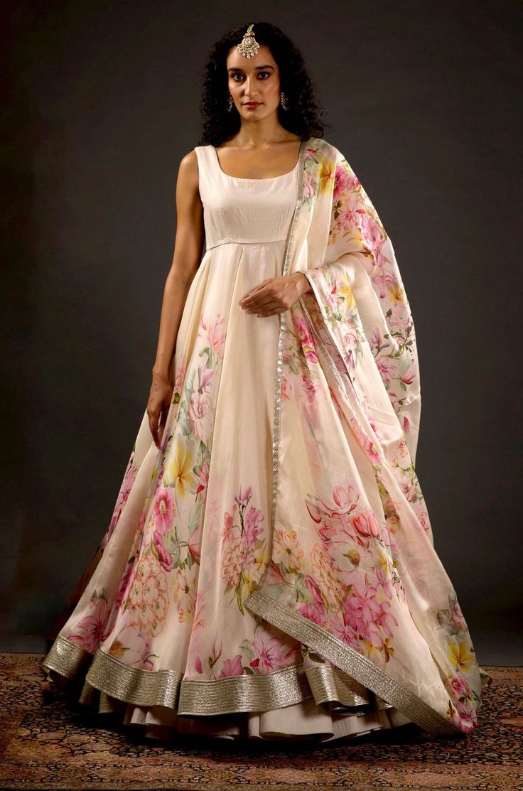 Rohit Bal-Ivory Printed Anarkali Set-INDIASPOPUP.COM Silk Anarkali Suits Party Wear, Sleeveless Anarkali, Simple Party Wear, Kali Lehenga, Floral Anarkali, Luxury Gowns, Cotton Dress Pattern, Anarkali Designs, Bridal Suits