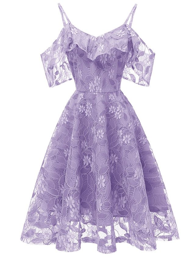 Shoulder Ruffle Dress, Cocktail Dress Vintage, Standard Dress, A Line Prom Dresses, Homecoming Dress, Lace Sleeves, Purple Dress, Ruffle Dress, Swing Dress