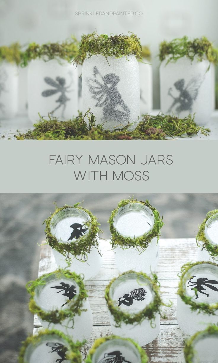 fairy jars with moss on them are sitting on a table and the words fairy mason jars with