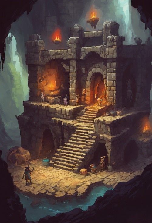 an image of a fantasy castle with stairs leading up to the entrance and fire coming from it