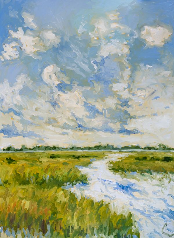 an oil painting of clouds over a marshy area with grass and water in the foreground