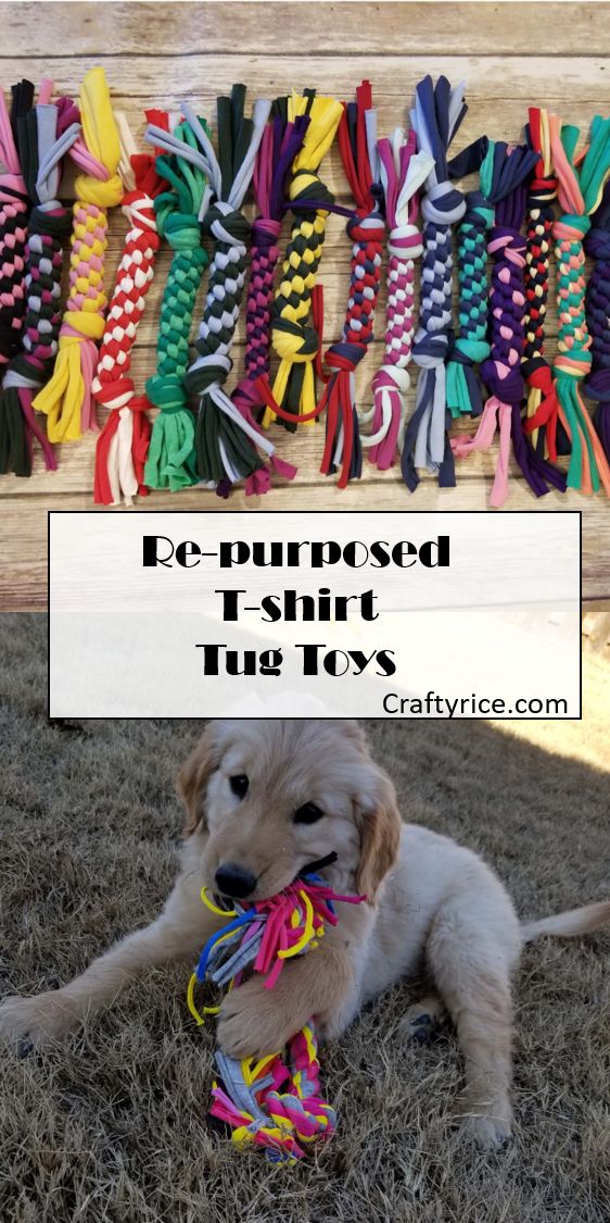 a dog chewing on a toy in front of a pile of colorful ties with text overlay that reads be - purposed t - shirt tug toys