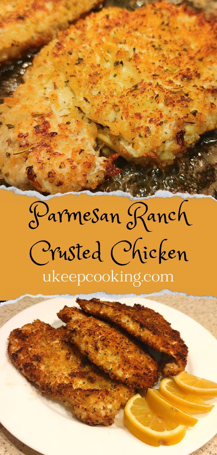 some chicken is on a plate with lemon wedges and parmesan ranch crusted chicken