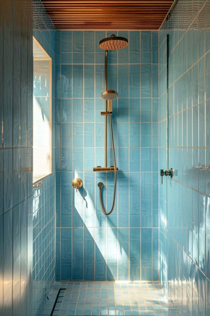 a blue tiled bathroom with a shower head and hand held shower faucet in the corner