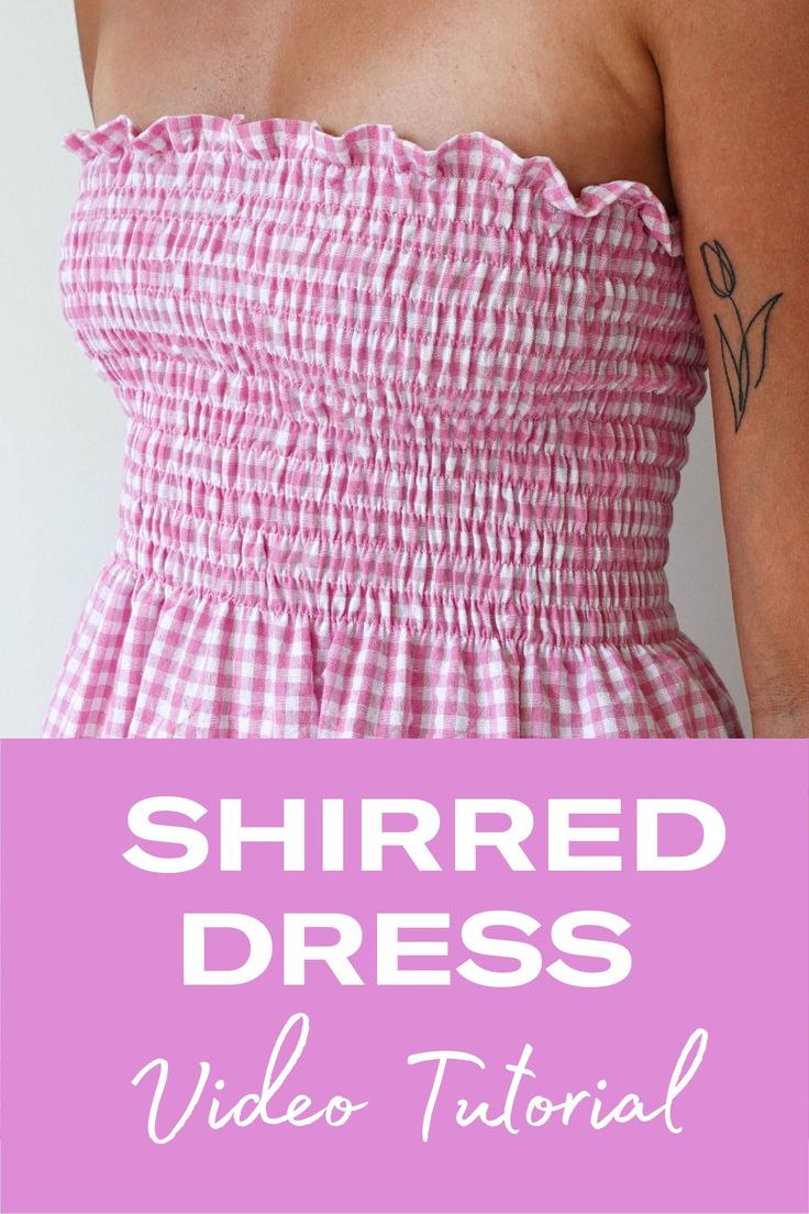 a woman wearing a pink and white checkered dress with text overlay that reads, shred dress video tutor