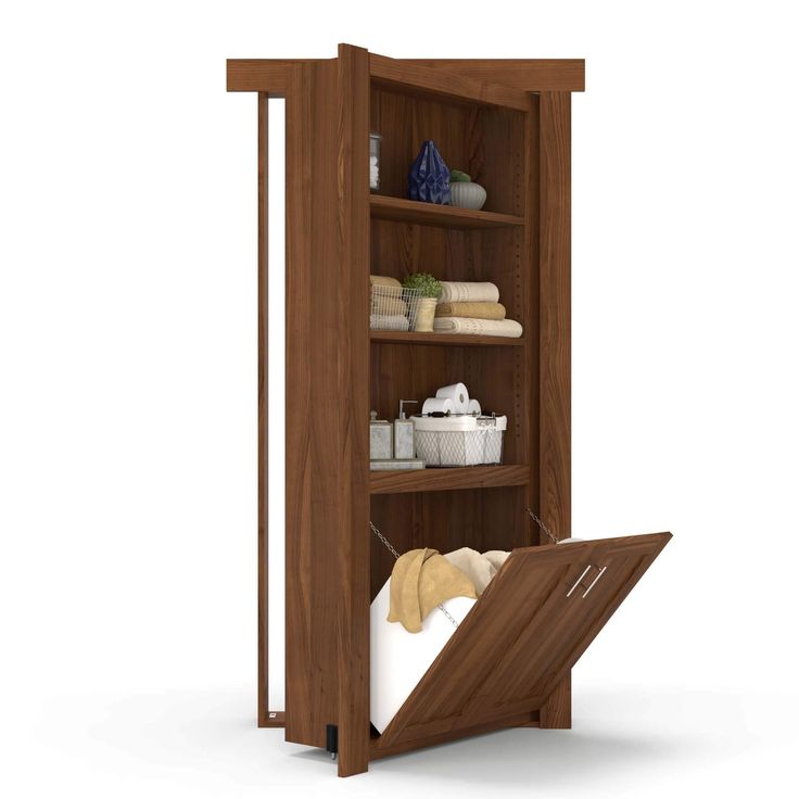 an open bookcase with towels and other items on it, including a towel rack