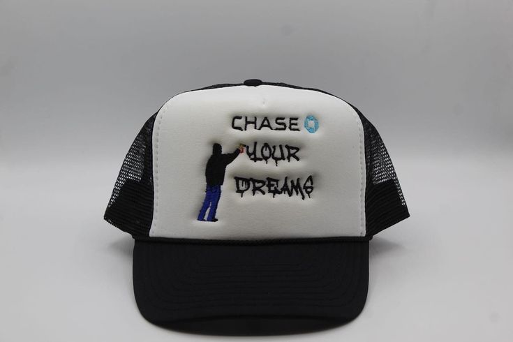 chase your dreams custom trucker hat adjustable one size fits all black and white foam colorway Customizable Black Trucker Hat For Streetwear, Customizable Snapback Trucker Hat For Streetwear, Customizable White Trucker Hat For Streetwear, Customizable Adjustable Trucker Hat For Streetwear, Custom Trucker Hats, Chase Your Dreams, Trucker Cap, One Size Fits All, All Black