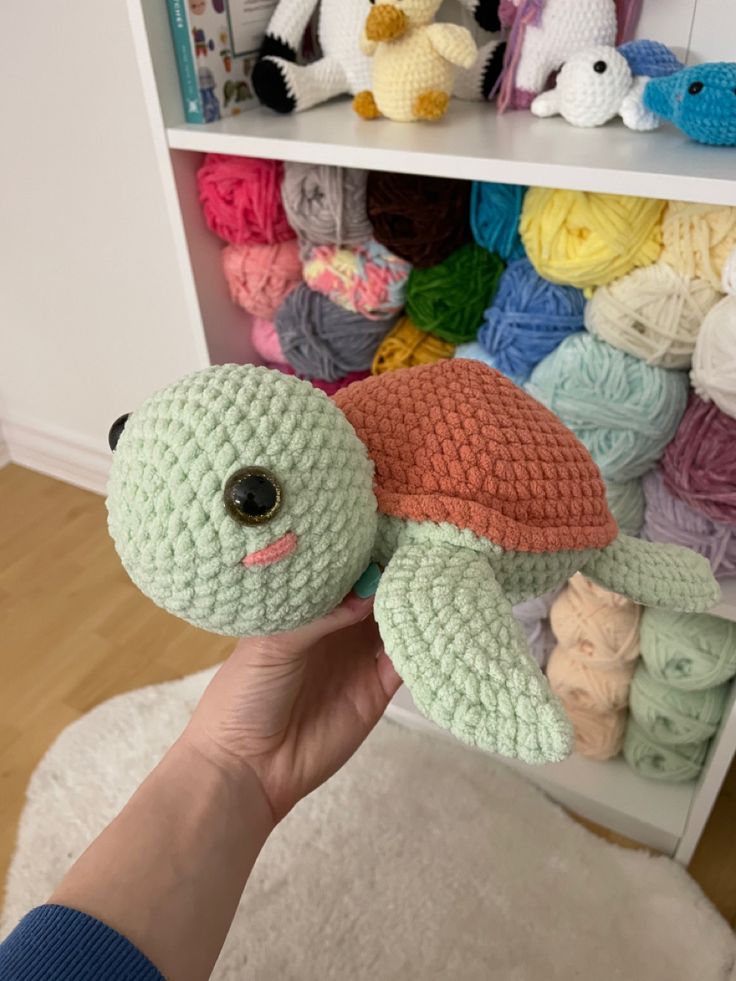 a person holding a stuffed animal in front of a book shelf filled with crocheted toys