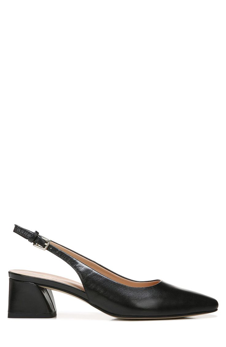 A sophisticated and refined leather pump with a slingback strap and balanced upon a block heel offers a versatile, en vogue style for any look. 1.75" heel Pointed toe Adjustable slingback strap with buckle closure Cushioned insole Leather upper, synthetic sole Imported Formal Slingback Block Heels Of Medium Width, Elegant Slingback Heels With Stacked Heel, Formal Medium Width Slingback Block Heels, Leather Slingback Block Heels For Evening, Leather Slingback Block Heels With 4-inch Heel, Sleek Slingback Pumps With Block Heel, Leather Slingback Pumps With 4-inch Heel For Business, Office Slingback Pumps With Reinforced Block Heel, Business Slingback Pumps With Block Heel