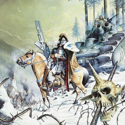 a painting of two men on horses next to a tank and a skull in the snow