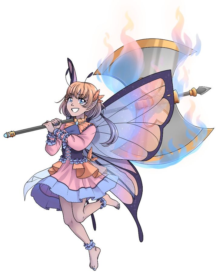 a cartoon fairy holding a wand with fire coming out of her wings and flying through the air