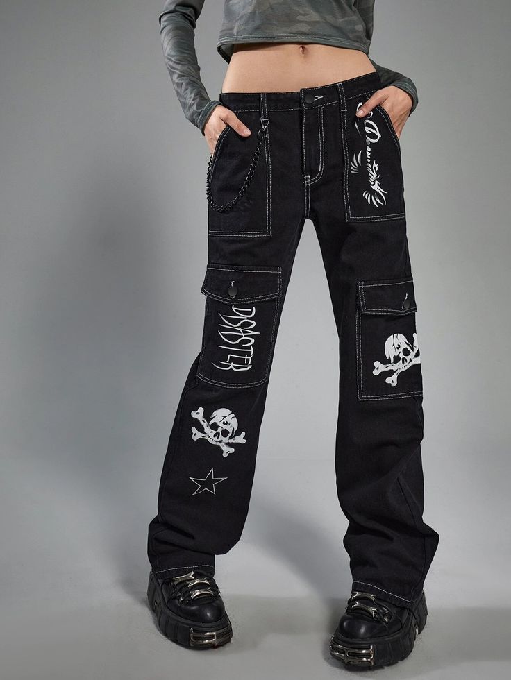 ROMWE Grunge Punk Skull Letter Graphic Jeans | SHEIN USA Graphic Jeans, Goth Pants, Punk Jeans, Jeans Grunge, Gothic Pants, Grunge Jeans, Graphic Pant, Punk Skull, Custom Jeans