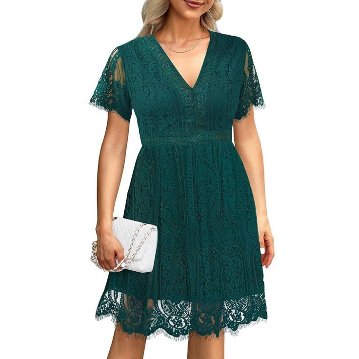 Brand New Women’s Knee High Lace Dress Summer V Neck Floral Lace Wedding Guest Bridesmaid Dresses Short Sleeve Cocktail Party Color: Forest Green Summer V-neck Bridesmaid Lace Dress, Summer V-neck Lace Bridesmaid Dress, Summer V-neck Lace Dress For Wedding Guest, Summer Lace V-neck Dress For Wedding Guests, V-neck Lace Dress For Bridesmaids, V-neck Lace Bridesmaid Dress, Green V-neck Mini Dress For Wedding, V-neck Lace Dress For Wedding Guest, Green Short Sleeve Lace Dress For Party