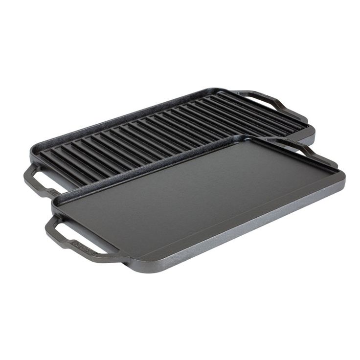 two grilling pans sitting side by side on a white background, one is black and the other is gray