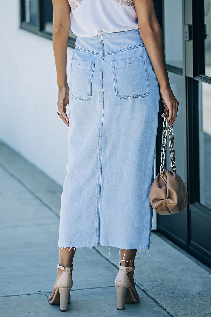 Sky Blue Buttoned Wrap Maxi Denim Skirt Blue Denim Skirt With Pockets, Spring Washed Blue Skirt With Pockets, Blue Straight Leg Skirt For Spring, Chic Light Wash Denim Skirt With Pockets, High-rise Denim Skirt With Pockets, Chic Denim Skirt With Pockets, Washed Blue Denim Skirt For Spring, Denim Skirt With Pockets, Mid-rise Blue Denim Skirt