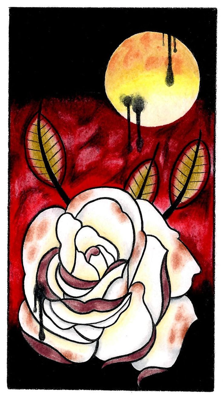 a drawing of a white rose on a red background with the moon in the distance