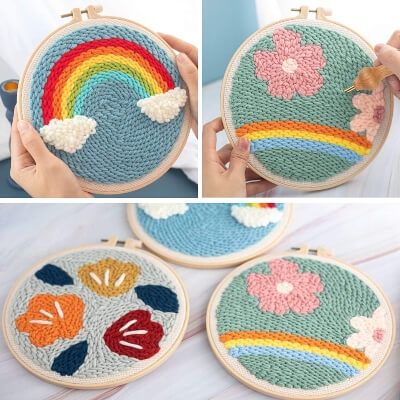 four pictures show how to make an embroidered hoop with flowers and rainbows on it