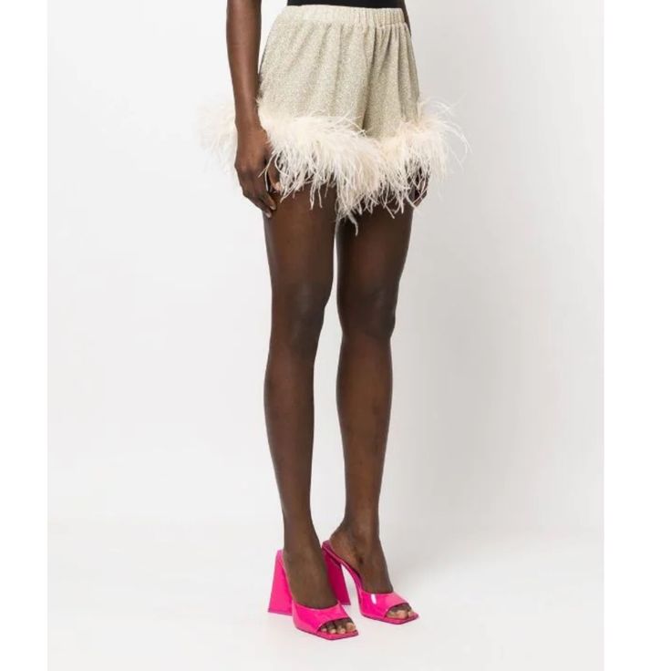 Never Worn. Elasticated Waistband, Thigh-Length And Slip-On Style Metallic Shorts, Ostrich Feathers, Slip On, Womens Shorts, Cream, Women Shopping, Dresses, Color