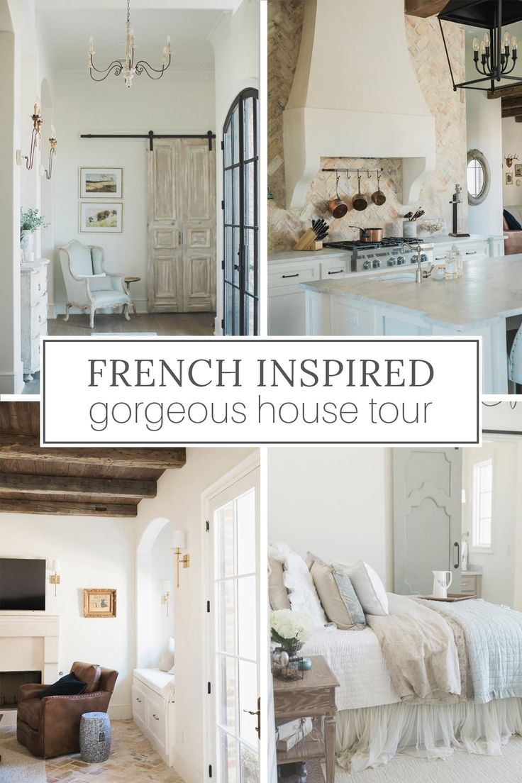 french inspired gorgeous house tour in white and neutrals with pictures of the kitchen, living room, dining room