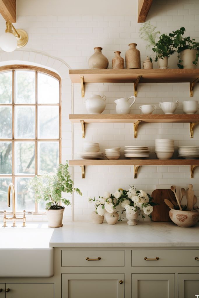 a kitchen with open shelving and shelves filled with pots, pans, and flowers