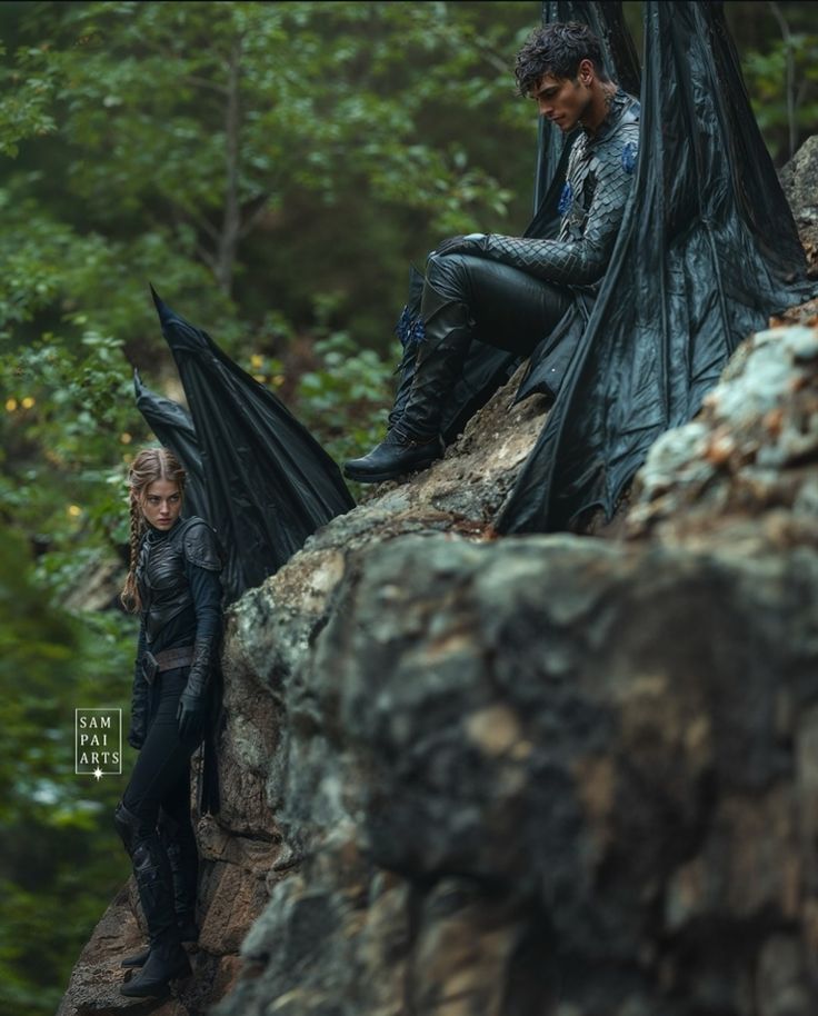 a man and woman dressed in black sitting on top of a rock next to each other