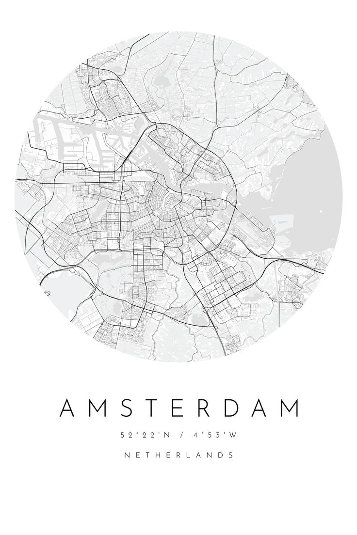 the map of amsterdam in black and white, with text that says amsterdam on it