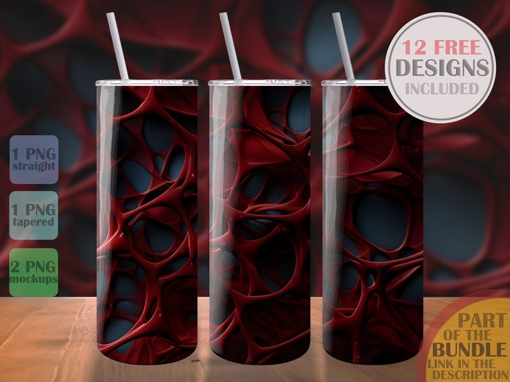 three red tumblers with straws sitting on top of a table next to each other