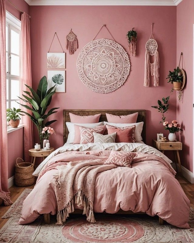 a bedroom with pink walls and bedding in the center, potted plants on the wall