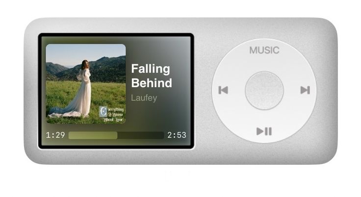 an mp3 player is shown with the music button on it's side and there are no pictures to describe