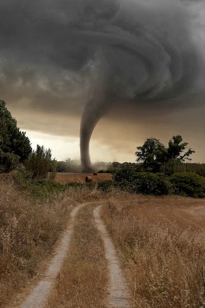 a tornado cloud is seen over a dirt road