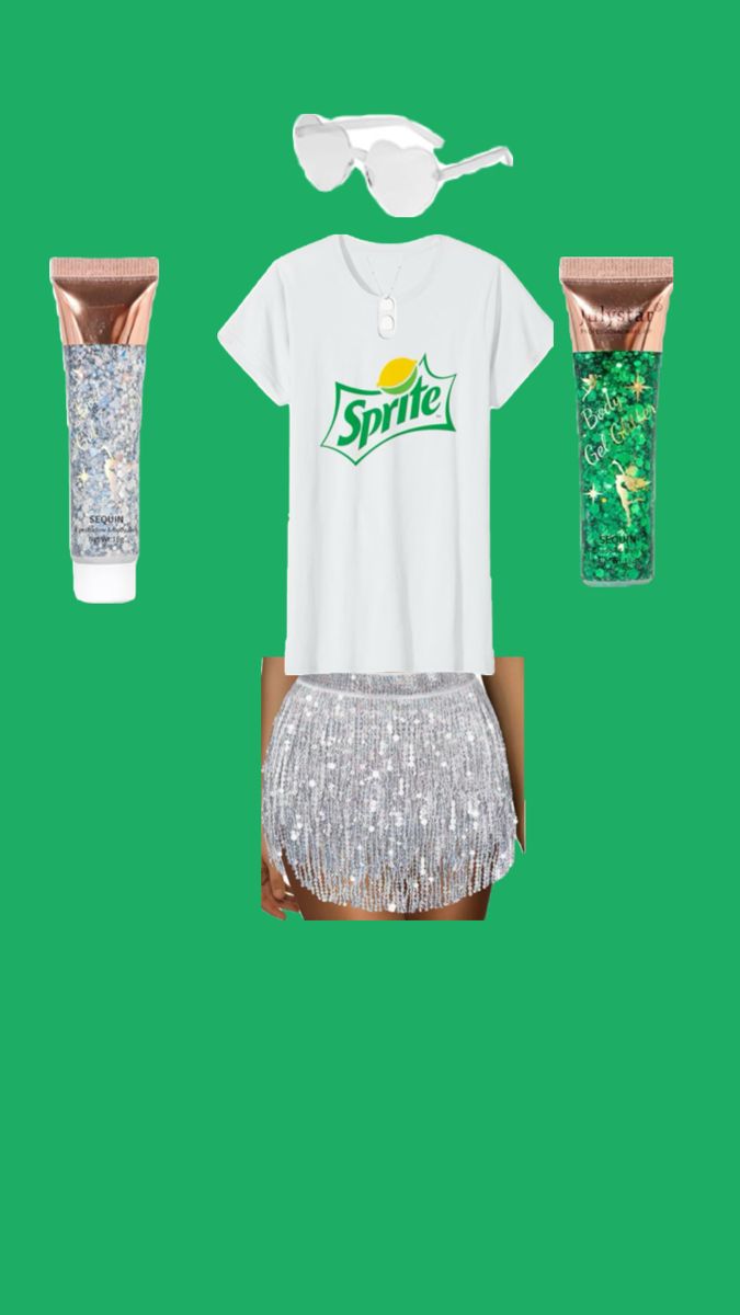 a white shirt, skirt and sunglasses with green glitters on the bottom is shown