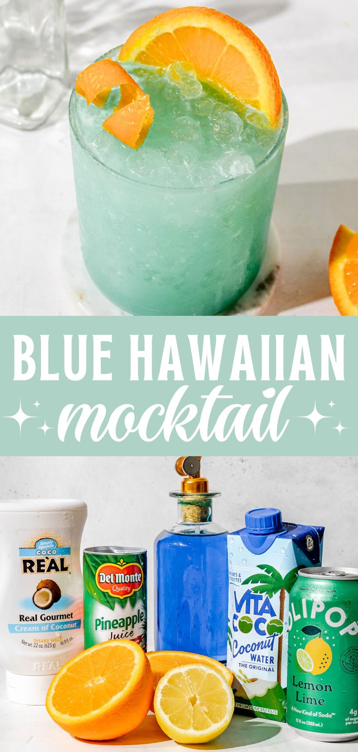 a blue hawaiian mocktail with the glass and ingredient photo Mocktail Luau, Unique Non Alcoholic Drinks, Blue Hawaii Mocktail Drink, Blue And Yellow Mocktails, Under The Sea Mocktails, Non Alcoholic Beach Drinks, Beach Mocktail Recipe, Easy Mocktails For Party, Drinks For Showers