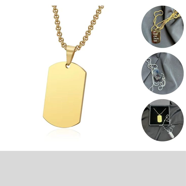 Unleash your style potential with our Men's Personalized Pendant Necklace. This striking piece is not just jewelry--it's a statement of your individuality and sophistication. Crafted from premium materials, this sleek pendant is available in a luxurious gold finish, perfect for adding a personal touch with engraved initials or a special date. Imagine wearing a piece that's uniquely yours. This necklace is an ideal gift for any occasion, custom engraved to reflect your personal story and style. Make your mark with a personalized necklace. Click 'Add to Cart' now to create a meaningful accessory that's truly yours. Embrace your individuality today! Customer Satisfaction Guarantee Our goal is your complete satisfaction. If you're not happy with your purchase for any reason, please reach out t Elegant Stainless Steel Necklace For Father's Day, Gold Metal Jewelry With Rectangular Pendant, Gold Jewelry With Rectangular Metal Pendant, Modern Gold Stainless Steel Necklace, Minimalist Dog Tag Necklace With Box Chain, Minimalist Box Chain Jewelry For Father's Day, Elegant Metal Dog Tag Jewelry, Metal Dog Tag Chain Necklaces, Metal Dog Tag Necklace With Adjustable Chain